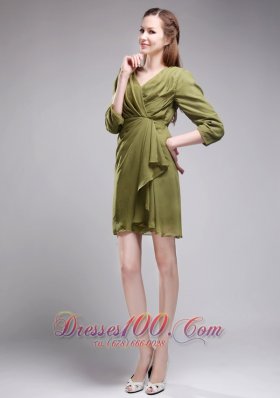 Brand New Column / Sheath V-neck Mini-length Chiffon Olive Green Bridesmaid Dress  Cocktail Dress