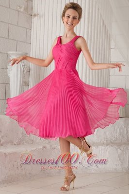 Hot Pink Empire Straps Tea-length Organza Pleat Prom / Homecoming Dress  Cocktail Dress