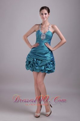 Teal A-Line / Princess Halter Mini-length Taffeta Rhinestone Prom / Cocktail Dress