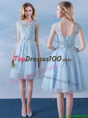 Flirting Scoop Cap Sleeves Knee Length Appliques and Belt Lace Up Quinceanera Court of Honor Dress with Light Blue