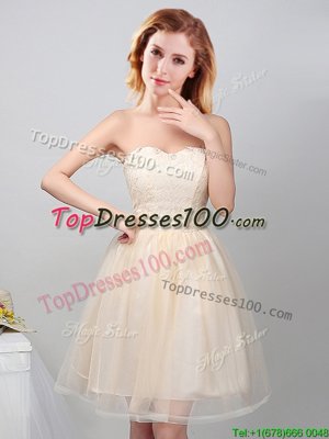 Customized Champagne A-line Tulle Sweetheart Sleeveless Lace and Appliques Mini Length Lace Up Bridesmaids Dress
