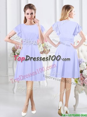 Adorable Scoop Short Sleeves Knee Length Side Zipper Wedding Party Dress Lavender and In for Prom and Party and Wedding Party with Ruching