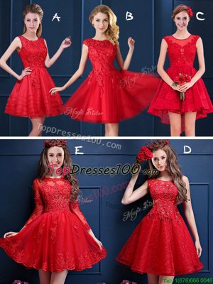 Graceful Red Lace Up Scoop Lace and Appliques Bridesmaids Dress Tulle and Lace Sleeveless