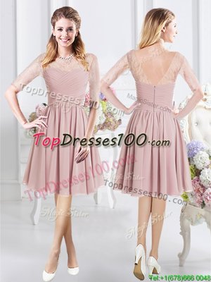 Smart Scoop Chiffon Half Sleeves Knee Length Wedding Guest Dresses and Lace and Ruching