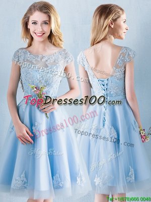 Perfect Knee Length Light Blue Vestidos de Damas Scoop Short Sleeves Lace Up