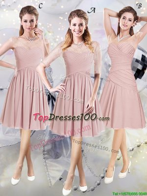 Scoop Pink Half Sleeves Chiffon Zipper Quinceanera Court Dresses for Prom and Party and Wedding Party