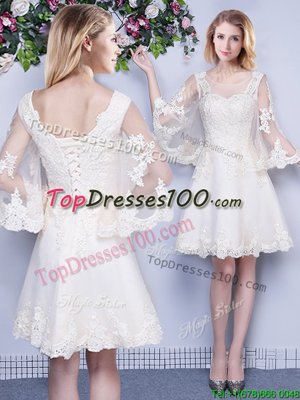 Customized Tulle Scoop 3|4 Length Sleeve Lace Up Lace Damas Dress in White