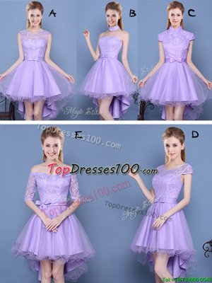 Custom Designed Lavender A-line Taffeta and Tulle Sweetheart Sleeveless Lace and Bowknot High Low Lace Up Vestidos de Damas