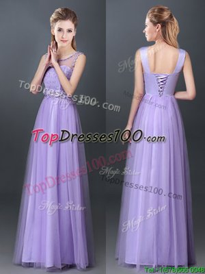 Tulle Scoop Sleeveless Lace Up Lace and Hand Made Flower Damas Dress in Lavender