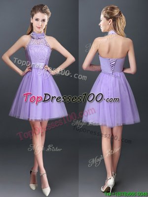 New Style Lavender Halter Top Lace Up Lace and Appliques Quinceanera Dama Dress Sleeveless