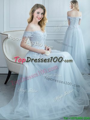 Fashion Off The Shoulder Cap Sleeves Lace Up Quinceanera Dama Dress Light Blue Tulle
