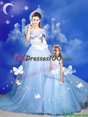 Comfortable Off the Shoulder Sleeveless Court Train Beading and Bowknot and Hand Made Flower Zipper Quince Ball Gowns
