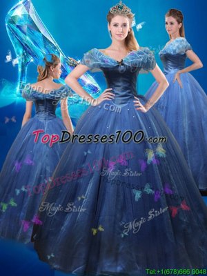 Luxurious Cinderella Off the Shoulder Navy Blue A-line Beading and Bowknot 15th Birthday Dress Lace Up Tulle Sleeveless Floor Length