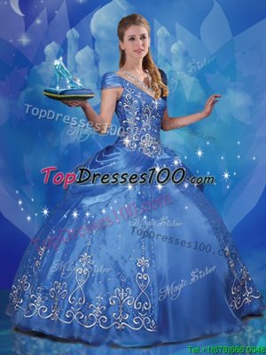 Sexy Cinderella Off the Shoulder Cap Sleeves Organza Floor Length Lace Up Quinceanera Gown in Blue for with Beading and Embroidery