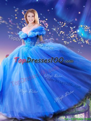 Cinderella Off the Shoulder Beading and Bowknot Sweet 16 Dress Royal Blue Lace Up Sleeveless Floor Length