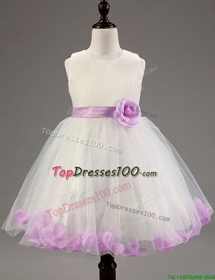 Most Popular White and Lavender Sleeveless Beading and Hand Made Flower Knee Length Flower Girl Dress