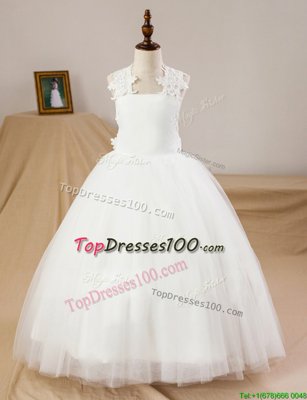 Customized Tulle Sleeveless Floor Length Flower Girl Dress and Lace and Appliques