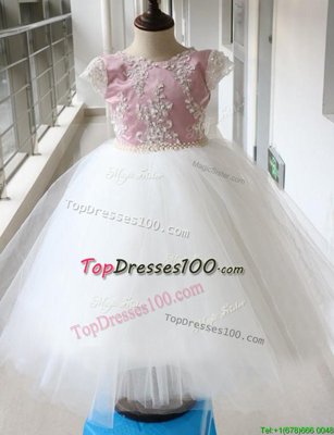 Most Popular Scoop White and Lilac Cap Sleeves Beading Ankle Length Toddler Flower Girl Dress