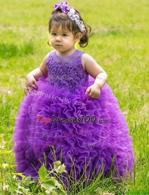 Lavender Scoop Lace Up Lace and Ruffles Flower Girl Dress Sleeveless