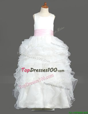 Custom Fit White Column/Sheath Scoop Sleeveless Organza Floor Length Zipper Ruffled Layers Flower Girl Dresses for Less