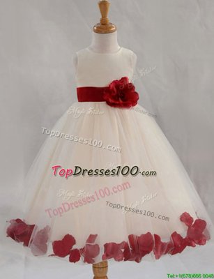 Customized White Zipper Scoop Appliques and Bowknot and Hand Made Flower Toddler Flower Girl Dress Tulle Sleeveless