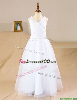 Top Selling V-neck Sleeveless Zipper Flower Girl Dress White Tulle