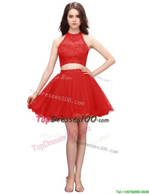 Colorful Mini Length Coral Red Party Dress for Girls Organza Sleeveless Beading