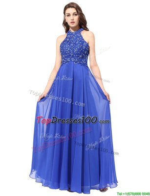 Cute Column/Sheath Prom Party Dress Blue Halter Top Chiffon Sleeveless Floor Length Backless