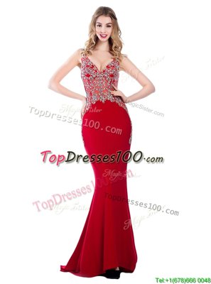 Nice Mermaid Red Sleeveless Brush Train Beading With Train Prom Evening Gown