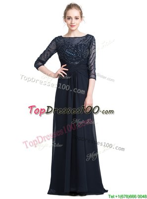 Floor Length Black Prom Evening Gown Bateau 3|4 Length Sleeve Zipper