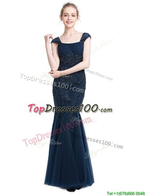 Deluxe Mermaid Navy Blue Cap Sleeves Tulle Zipper Homecoming Dress for Prom and Party