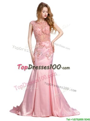 Mermaid Baby Pink Dress for Prom Prom and Party and For with Beading Scoop Sleeveless Brush Train Backless