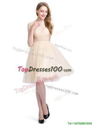 Sophisticated Clasp Handle Knee Length Champagne Womens Party Dresses Tulle Sleeveless Beading and Lace