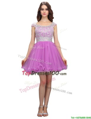 Lilac Square Zipper Beading Cocktail Dresses Cap Sleeves