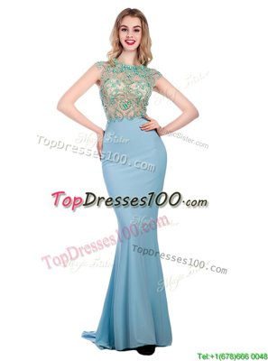 Gorgeous Scoop Light Blue Column/Sheath Beading Prom Evening Gown Zipper Silk Like Satin Sleeveless With Train