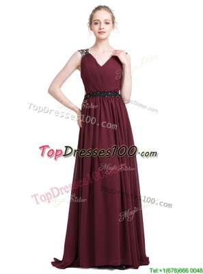 Pretty Burgundy Sleeveless With Train Lace Zipper Prom Dresses
