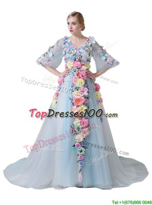 Fashionable With Train Zipper Pageant Dress for Teens Light Blue and In for Prom and Party with Hand Made Flower Court Train