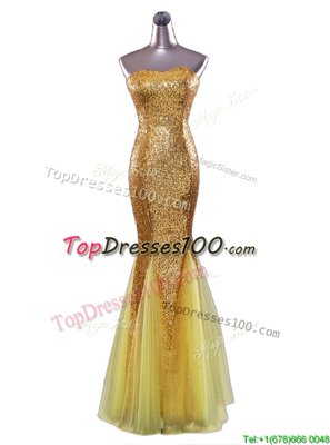 Mermaid Gold Prom Evening Gown Prom and Party and For with Sequins Strapless Sleeveless Zipper