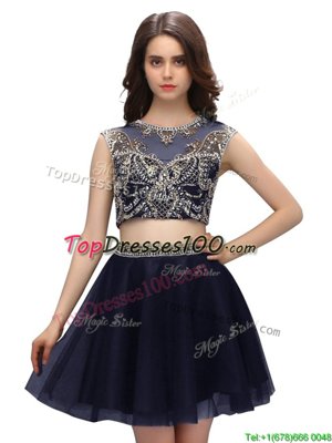 Artistic Scoop Sleeveless Casual Dresses Mini Length Beading Navy Blue Tulle