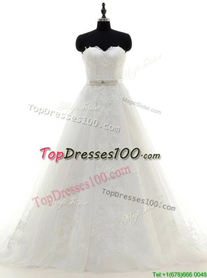 Sophisticated White Satin and Lace Zipper Sweetheart Sleeveless With Train Bridal Gown Brush Train Sashes|ribbons