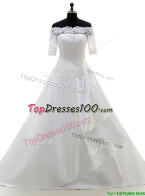 Chic White A-line Off The Shoulder Half Sleeves Satin With Brush Train Clasp Handle Lace Wedding Dress