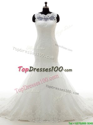 Artistic Mermaid White Wedding Gowns Wedding Party and For with Appliques Scoop Sleeveless Court Train Clasp Handle