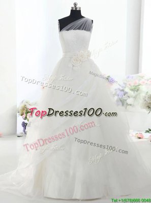 Nice One Shoulder White Lace Up Bridal Gown Lace and Hand Made Flower Sleeveless With Brush Train