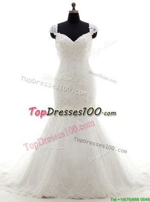 Dazzling Mermaid Sweetheart Cap Sleeves Tulle Wedding Gown Beading and Appliques Brush Train Lace Up