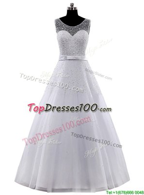 Scoop White Sleeveless Beading and Belt Floor Length Wedding Dress