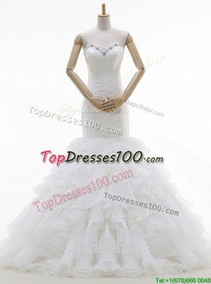 Mermaid Sweetheart Sleeveless Wedding Gown With Brush Train Beading and Ruffles White Organza