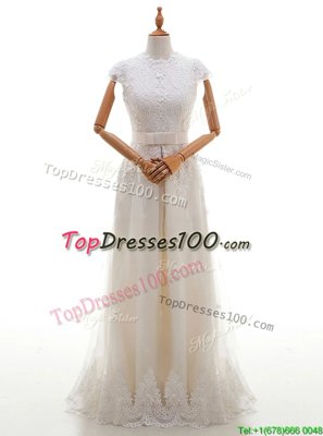 Scoop Cap Sleeves With Train Lace and Appliques Zipper Wedding Dress with White Brush Train