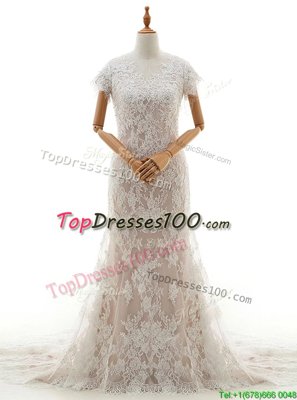 Custom Made Mermaid White Cap Sleeves With Train Lace and Appliques Clasp Handle Wedding Gown
