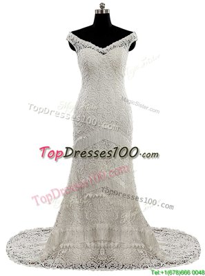 Trendy Lace and Sashes|ribbons Wedding Dresses White Zipper Cap Sleeves With Brush Train
