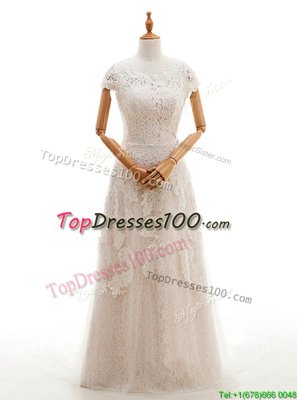 Best Selling Scoop With Train Column/Sheath Cap Sleeves Champagne Wedding Dress Court Train Clasp Handle